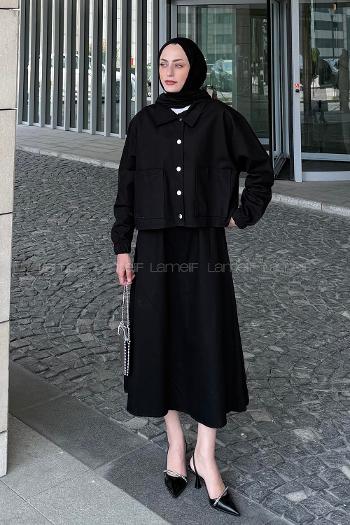 Lamelif Cep Detaylı İkili Etek Tesettür Takım Siyah