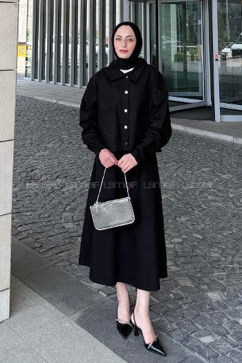Lamelif Cep Detaylı İkili Etek Tesettür Takım Siyah