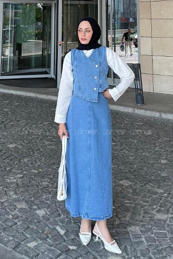 Ice Blue V Neck Sleeveless Arm Denim Straight Skirt Suit