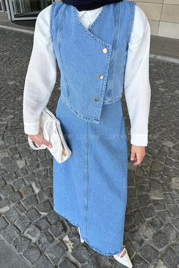 Ice Blue V Neck Sleeveless Arm Denim Straight Skirt Suit