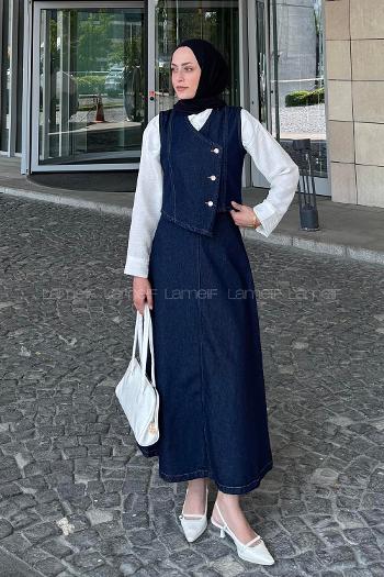 Denim Blue V Neck Sleeveless Arm Denim Straight Skirt Suit