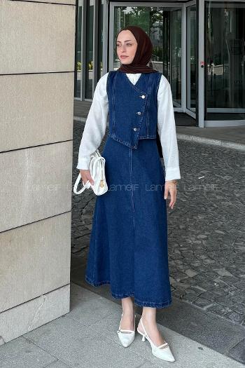 Blue V Neck Sleeveless Arm Denim Straight Skirt Suit