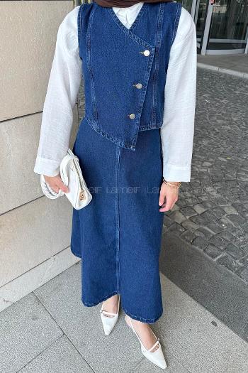 Blue V Neck Sleeveless Arm Denim Straight Skirt Suit