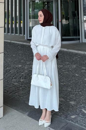 Ecru Shirt Collar Long Arm Linen Flare Suit