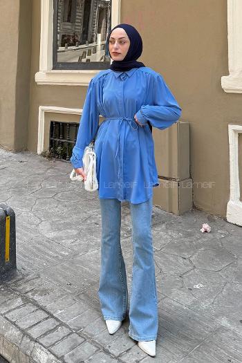 Lamelif Omuz Büzgü Detaylı Tunik İndigo