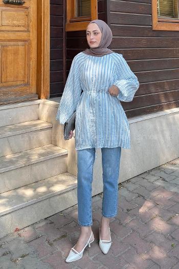 Lamelif Çizgi Detaylı Bağlamalı Tunik Bebe Mavisi