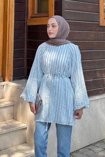 Lamelif Çizgi Detaylı Bağlamalı Tunik Bebe Mavisi