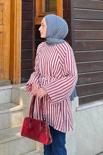 Lamelif Çizgi Detaylı Bağlamalı Tunik Bordo