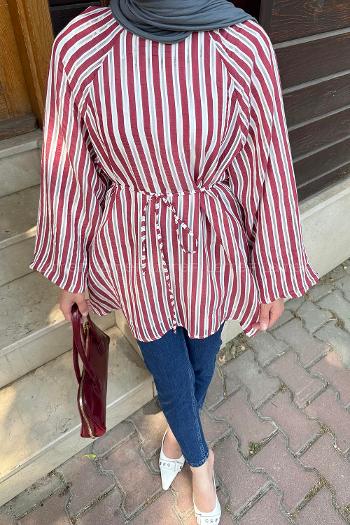 Lamelif Çizgi Detaylı Bağlamalı Tunik Bordo