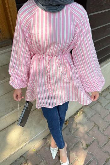 Lamelif Çizgi Detaylı Bağlamalı Tunik Pembe