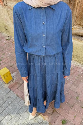 Lamelif Fırfırlı Elbise Koyu Mavi