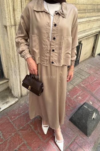 Lamelif Cep Detaylı İkili Etek Tesettür Takım Kum Beji