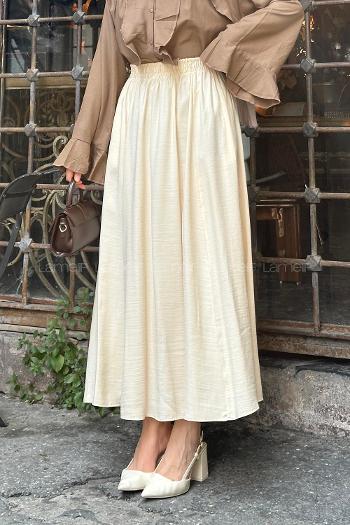 Lamelif Cep Detaylı Keten Etek Krem
