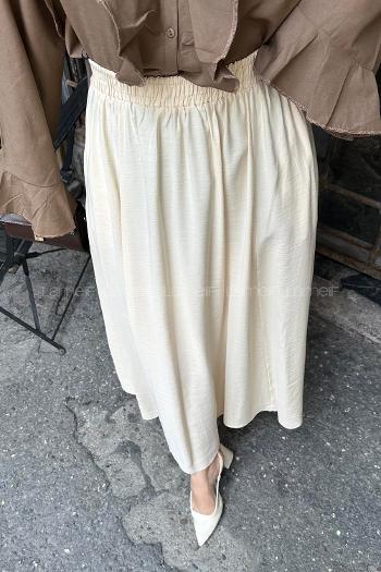 Lamelif Cep Detaylı Keten Etek Krem