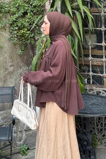 Lamelif Dantel Detaylı Gömlek Acı Kahve