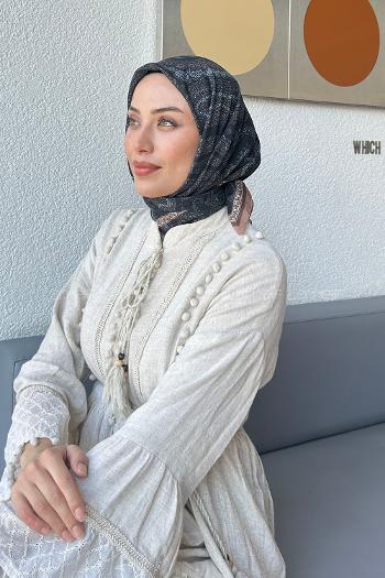 Lamelif Retro Desen Soft Eşarp Siyah Kahverengi