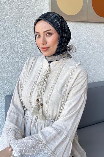 Lamelif Retro Desen Soft Eşarp Siyah Vizon