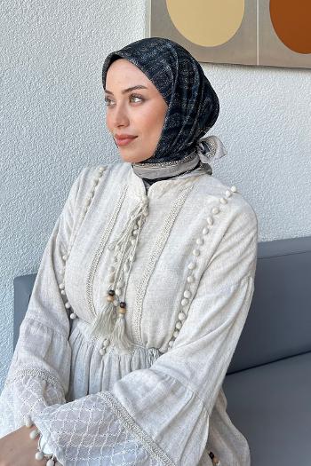 Lamelif Retro Desen Soft Eşarp Siyah Vizon