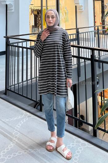 Lamelif Çizgili Uzun Kol Tunik Füme