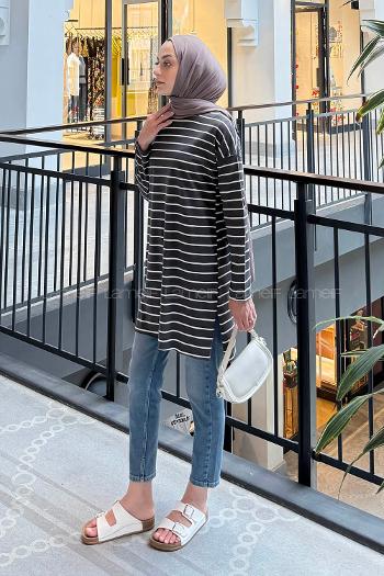 Lamelif Çizgili Uzun Kol Tunik Füme