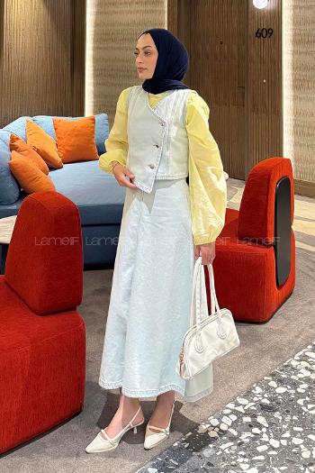 Blue-1 V Neck Sleeveless Arm Denim Straight Skirt Suit