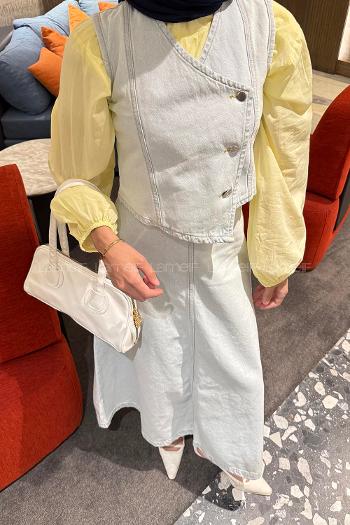 Blue-1 V Neck Sleeveless Arm Denim Straight Skirt Suit