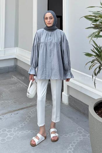 Lamelif Roba Detaylı Tesettür Gömlek Gri
