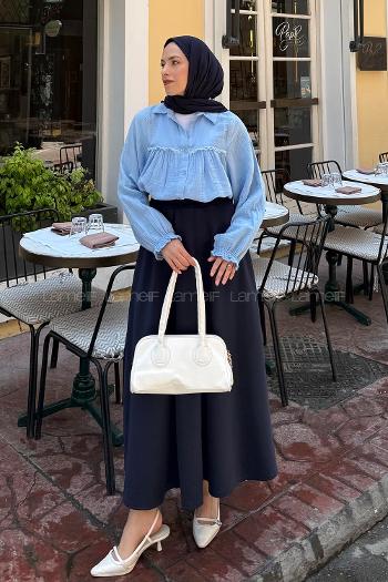 Lamelif Dantel Detaylı Gömlek Bebe Mavisi