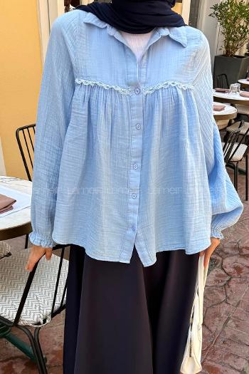 Lamelif Dantel Detaylı Gömlek Bebe Mavisi