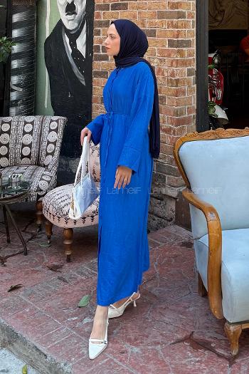 Lamelif Pat Detaylı Elbise Saks Mavisi