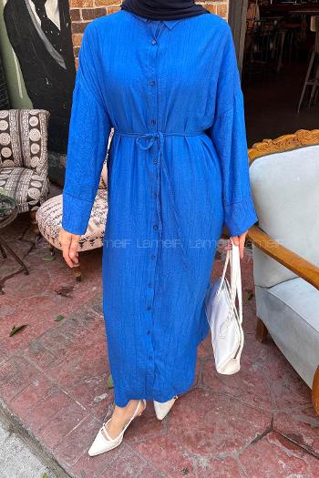 Lamelif Pat Detaylı Elbise Saks Mavisi