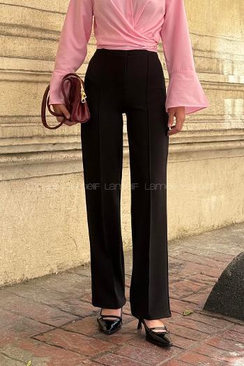 Lamelif Çıma Detaylı Krep Pantolon Siyah