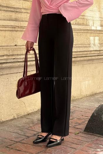 Lamelif Çıma Detaylı Krep Pantolon Siyah
