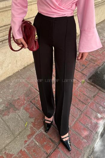 Lamelif Çıma Detaylı Krep Pantolon Siyah