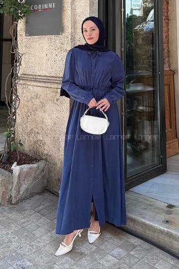 Lamelif Pile Detaylı Elbise Lacivert