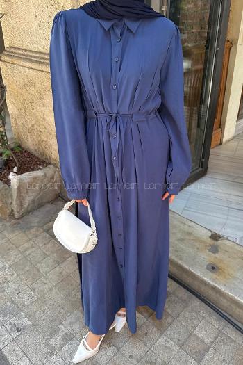 Lamelif Pile Detaylı Elbise Lacivert