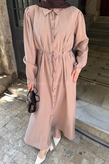 Lamelif Pile Detaylı Elbise Vizonrengi