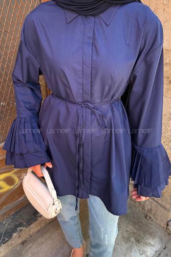 lamelif Piliseli Uzun Gömlek Lacivert