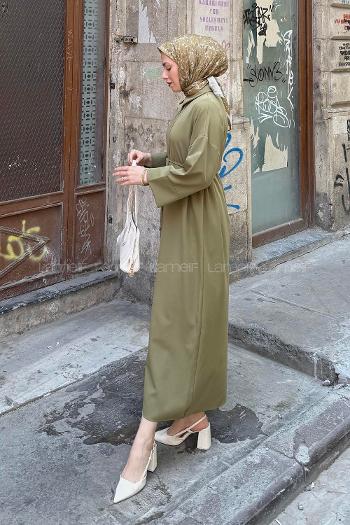 Lamelif Takma Manşet Detaylı Dabıl Tesettür Elbise yağ Yeşili