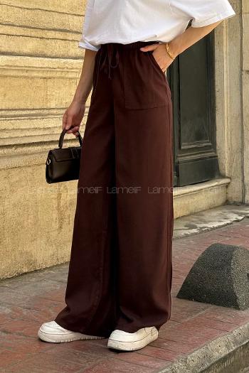 Lamelif Yüksek Bel Keten Pantolon Acı Kahve