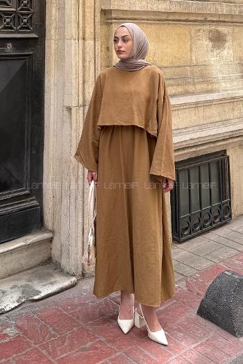Lamelif Etekli Tesettür Takım Camel