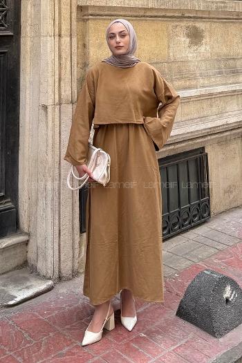 Lamelif Etekli Tesettür Takım Camel