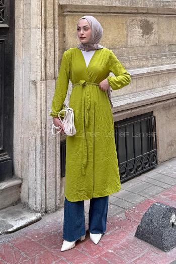 Pistachio Green Bat Sleeve Arm Without Accessories Viscose Fabric Straight Kimono