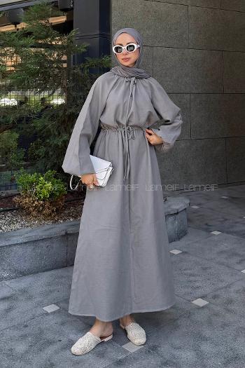 Gray Loose Crew Neck Linen Dresess