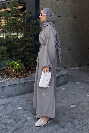 Gray Loose Crew Neck Linen Dresess