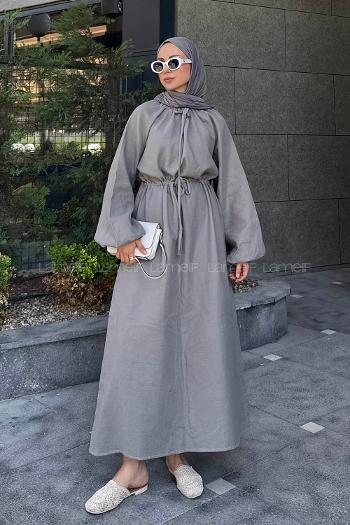 Gray Loose Crew Neck Linen Dresess