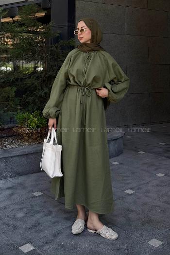 Lamelif Balon Kol Bağlamalı Tesettür Elbise Haki