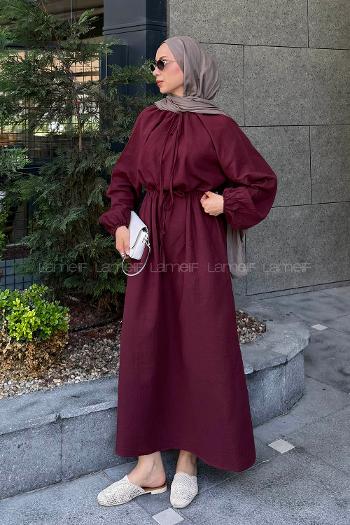 Lamelif Balon Kol Bağlamalı Tesettür Elbise Mürdüm