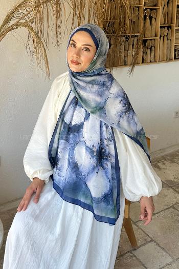 Lamelif Bohem Çiçek Desen Soft Şal Gece Mavisi