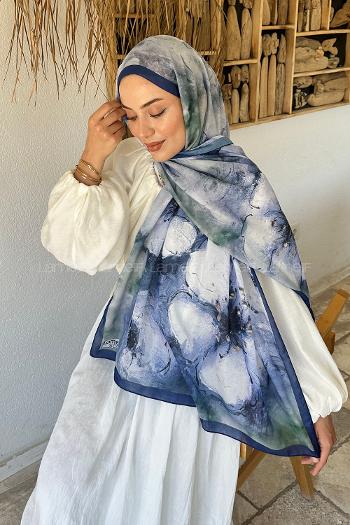 Lamelif Bohem Çiçek Desen Soft Şal Gece Mavisi